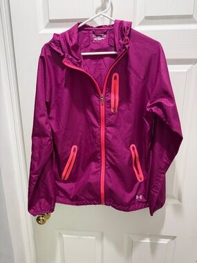 Under Armour Fuchsia Hooded Rain Jacket with Pink-Orange Trim